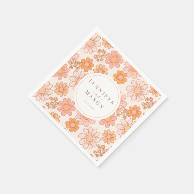 Retro Orange Daisy Floral Wedding Paper Napkins Serviette (Ecke)