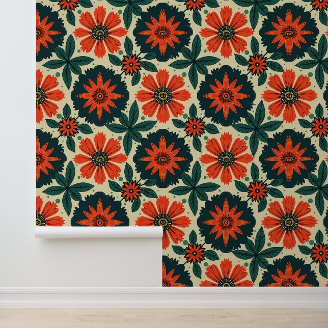 Retro Orange Daisy Pattern - Vintag botanisch Tapete (Anwendung)