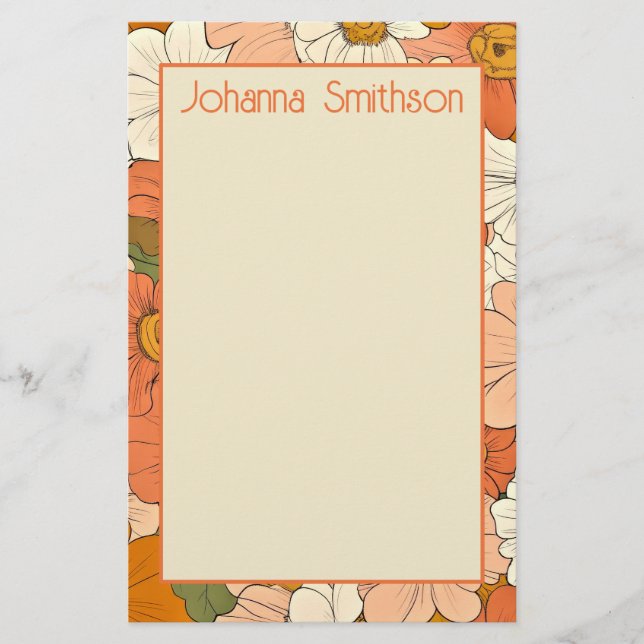 Retro Orange Floral 5,5 x 8,5 Vertikale Stationier Briefpapier (Vorderseite)