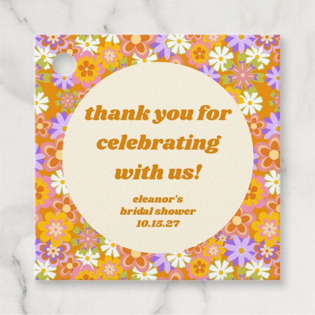 Retro Orange Floral Custom Brautparty Vielen Dank Geschenkanhänger (Vorderseite)