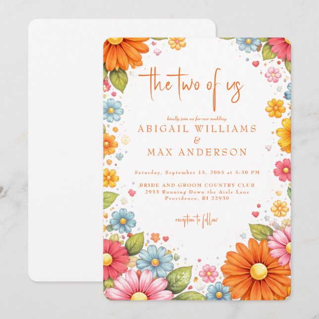 Retro Orange Floral The Two of Us Wedding Einladung (Vorne/Hinten)