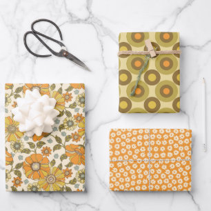 Retro Orange Floral Wrapping Paper Flachblatt Geschenkpapier Set