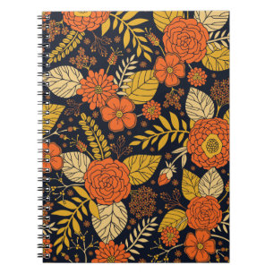 Retro Orange, Gelb, Braun und Marineblumenmuster Notizblock