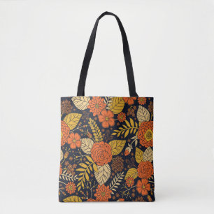 Retro Orange, gelb, Brown u. Marine-Blumenmuster
