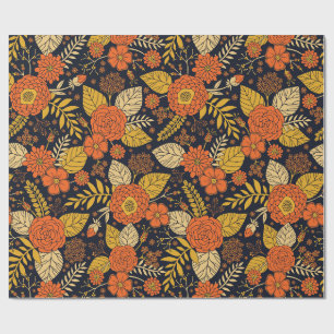 Retro Orange, Gelb & Marineblau Blumenmuster Geschenkpapier