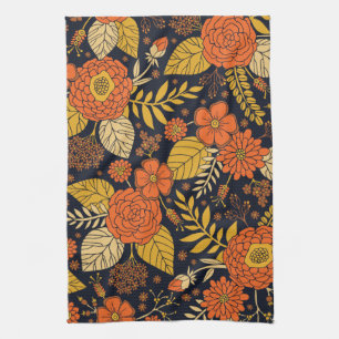 Retro Orange, Gelb & Marineblau Blumenmuster Geschirrtuch