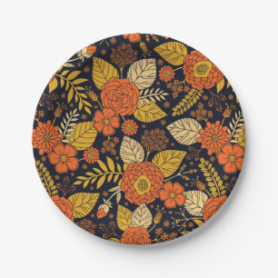 Retro Orange, Gelb & Marineblume Pappteller