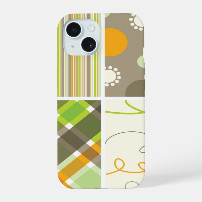 Retro Orange Green Kariert Pattern Dots Scribbles iPhone 15 Hülle (Rückseite)