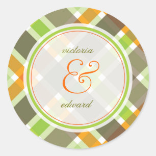 Retro Orange Green Karierte Karos Hochzeitsticker Runder Aufkleber