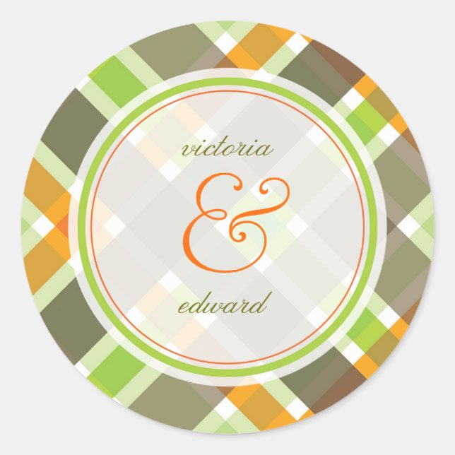 Retro Orange Green Karierte Karos Hochzeitsticker Runder Aufkleber (Vorderseite)