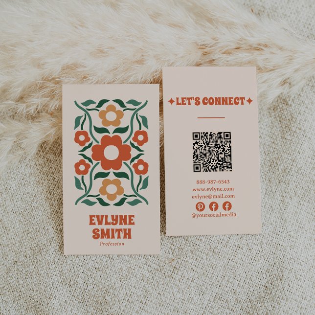 Retro Orange Green QR Code Groovy Floral Boho Visitenkarte (Von Creator hochgeladen)