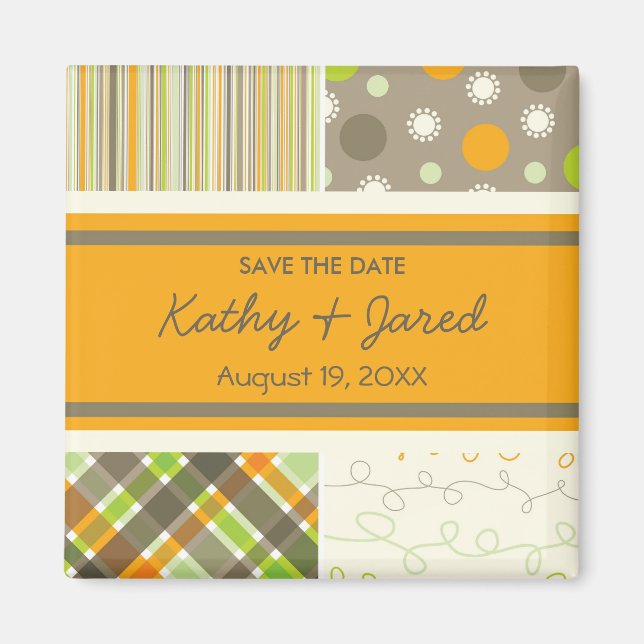 Retro Orange Green Scrapbook Squares Save the Date Magnet (Vorne)