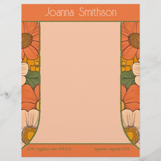 Retro Orange Groove Floral Letterhead Briefbogen (Vorderseite)