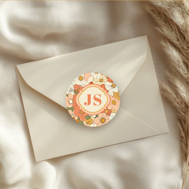 Retro Orange Groove Floral Round Sticker (Von Creator hochgeladen)