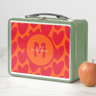 Retro Orange Groovy Rote Herzen Name Über Monogram Metall Brotdose