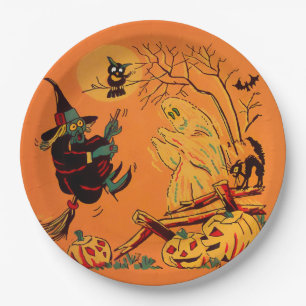 Retro Orange Hexe Halloween  Pappteller