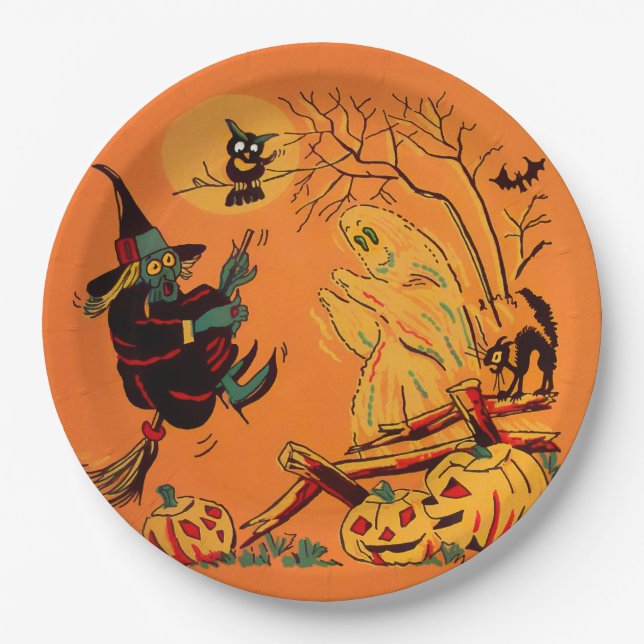 Retro Orange Hexe Halloween  Pappteller (Vorderseite)