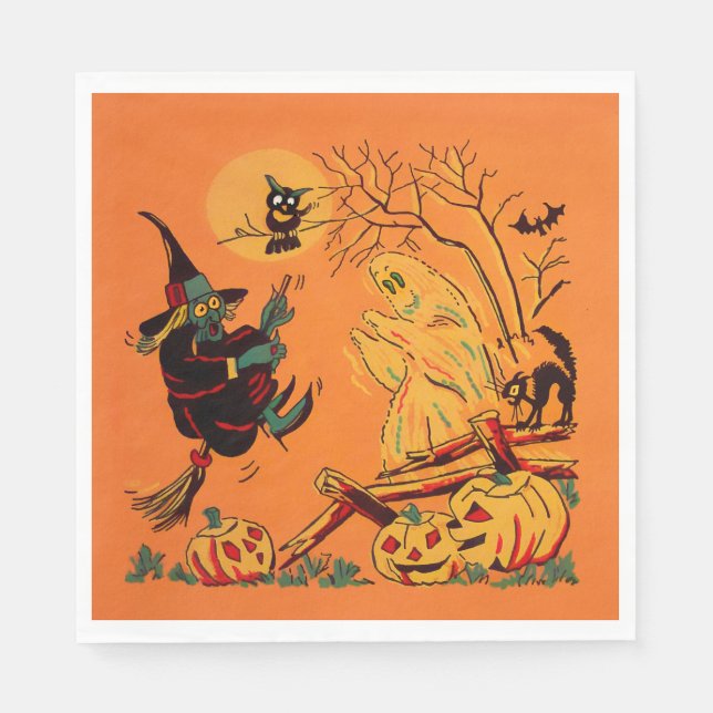Retro Orange Hexe Halloween  Serviette (Vorderseite)