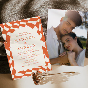Retro Orange Karo-Foto-Hochzeit Einladung