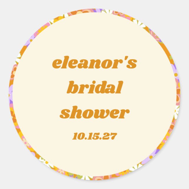 Retro Orange Lila Floral Custom Brautparty Runder Aufkleber (Vorderseite)