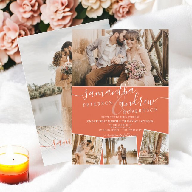 Retro Orange minimalistisches Drehbuch 5 Fotos Hoc Einladung (Retro orange minimalist script 5 photos wedding invitation)