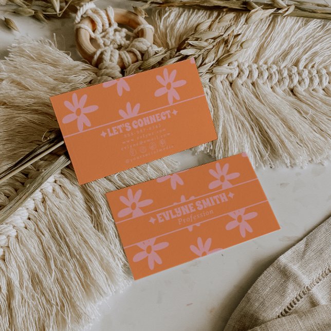 Retro Orange Pink 70s Groovy Floral Boho Girly Fun Visitenkarte (Von Creator hochgeladen)