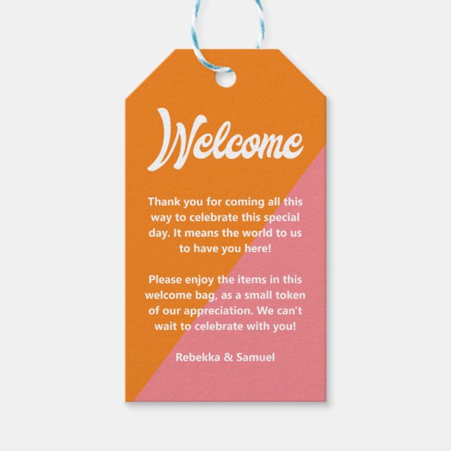 Retro Orange Pink Begrüßungskörbe Bag Hochzeit Geschenkanhänger (Vorderseite)