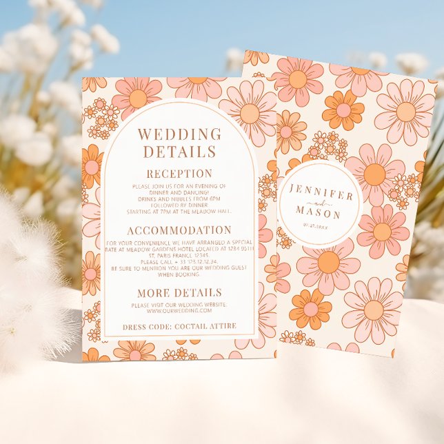 Retro Orange Pink Daisy Wedding Details Cards Begleitkarte (Von Creator hochgeladen)