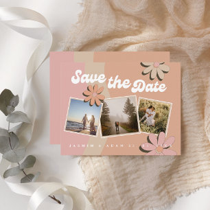 Retro Orange Pink Foto Hochzeit Speichern Sie das Ankündigung