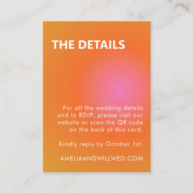 Retro Orange Pink Gradient Hochzeits-QR-Code-RSVP Begleitkarte (Vorderseite)