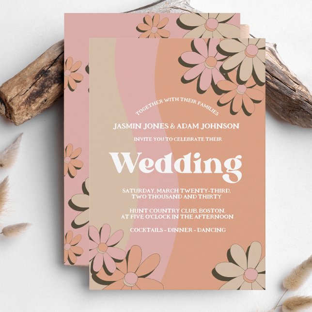 Retro Orange Pink Groovy Blume Hochzeit Einladung (Von Creator hochgeladen)