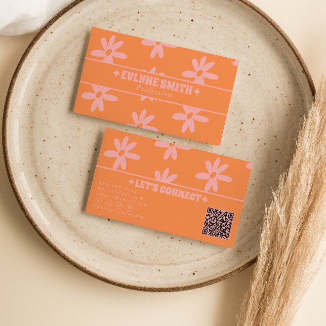 Retro Orange Pink QR Code 70s Groovy Floral Girly Visitenkarte (Von Creator hochgeladen)