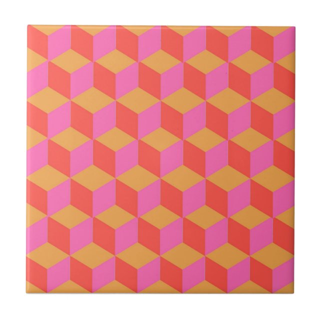 Retro Orange Pink Square Cube Geometrie Muster Fliese (Vorderseite)