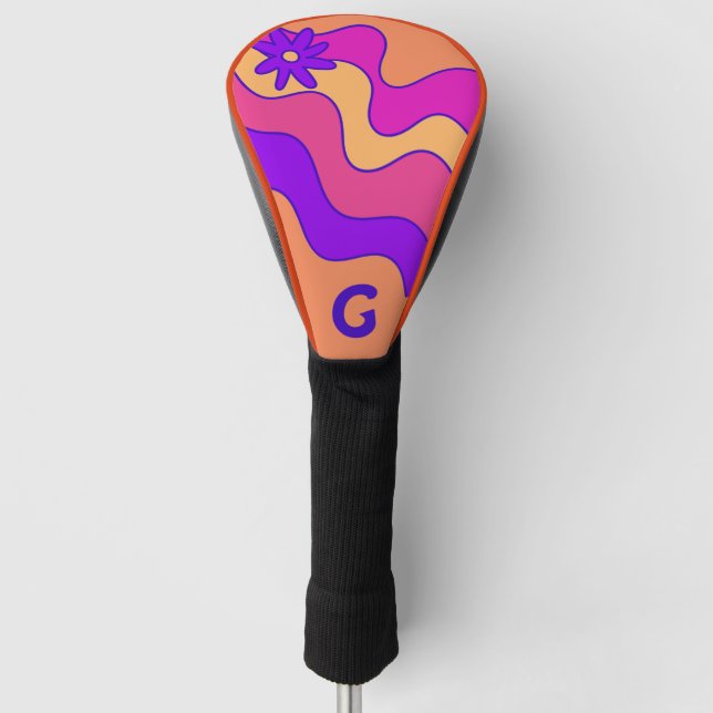 Retro Orange Rosa und Lila Waves Monogramm Golf Headcover (Vorderseite)