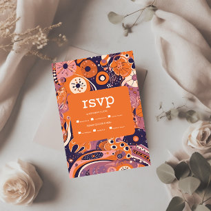 Retro orange rosafarben pink lila groovy Hochzeit RSVP Karte