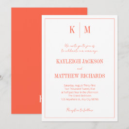 Retro Orange-Rot-Monogramm Elegante Hochzeit Einladung