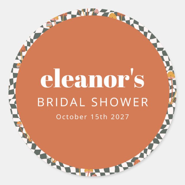 Retro Orange Schachbrett Mushroom Custom Brautpart Runder Aufkleber (Vorderseite)