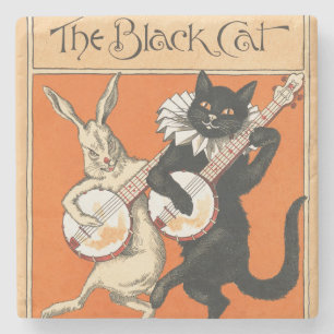 Retro Orange Schwarze Katze Weißes Kaninchen Banjo Steinuntersetzer