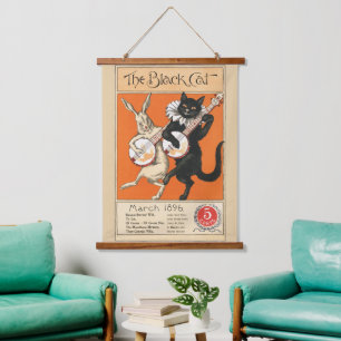 Retro Orange Schwarze Katze Weißes Kaninchen Banjo Wandteppich Mit Holzrahmen