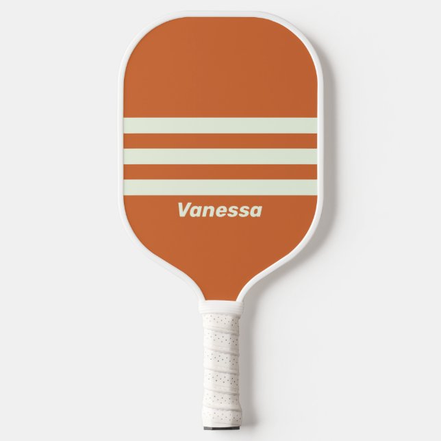 Retro Orange Three Across Striss mit Name Pickleball Schläger (Vorderseite)