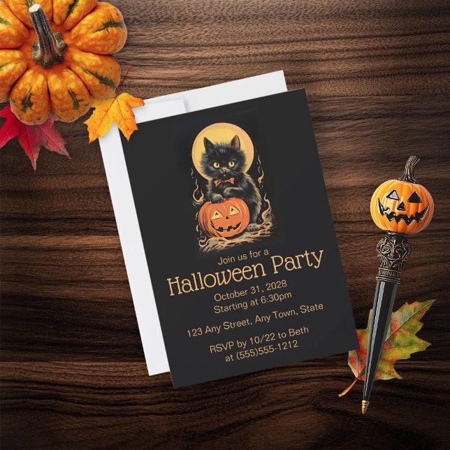 Retro Orange und Black Cat Halloween Einladung (Cute Cat Halloween Party Invitation)