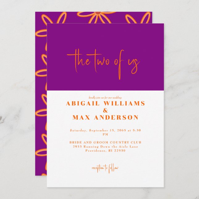 Retro Orange und Lila die beiden von uns Hochzeit Einladung (Vorne/Hinten)