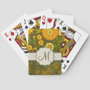 Retro-Orange und Olive Jungle Floral mit Monogramm Spielkarten