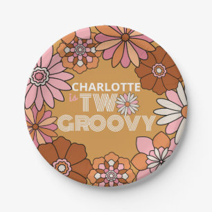 Retro Orange und Pink Blumen Zwei Groovy Geburtsta Pappteller