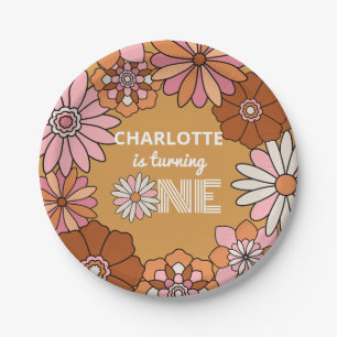 Retro Orange und Pink Blumenmuster Daisy Erster Ge Pappteller