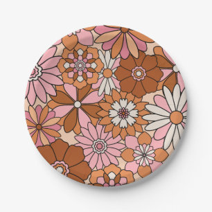 Retro Orange und Pink Floral Daisy Pappteller