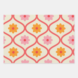 Retro orange und rosa Blumen auf Ogee-Muster Geschenkpapier Set