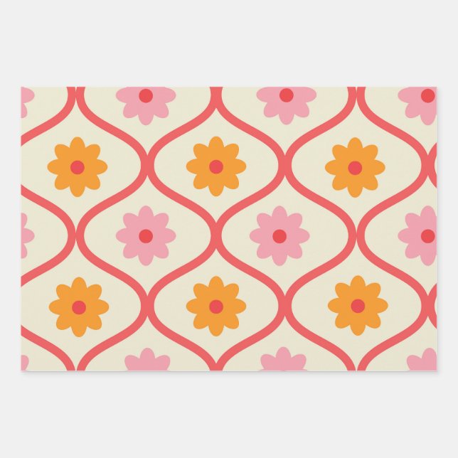 Retro orange und rosa Blumen auf Ogee-Muster  Geschenkpapier Set (Vorderseite)