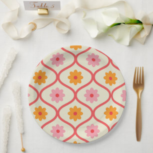 Retro orange und rosa Blumen auf Ogee-Muster Pappteller