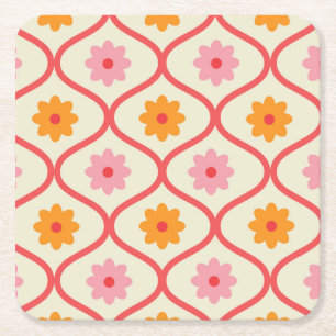 Retro orange und rosa Blumen auf Ogee-Muster Rechteckiger Pappuntersetzer